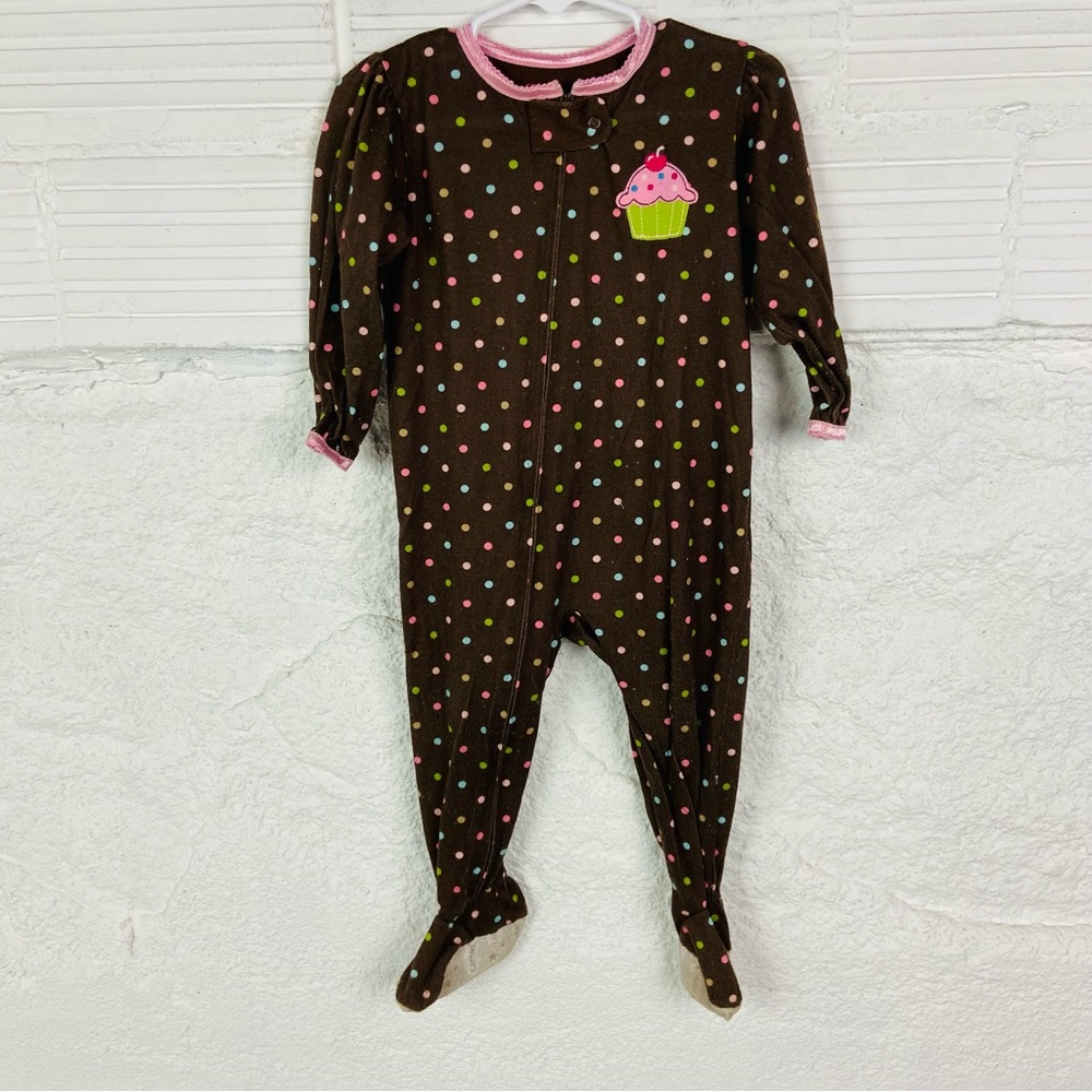 Carters Brown Polka Dot Kids One Piece footie pj with Cupcake Design size 18 M